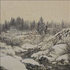 雪漫群山展画屏、含露