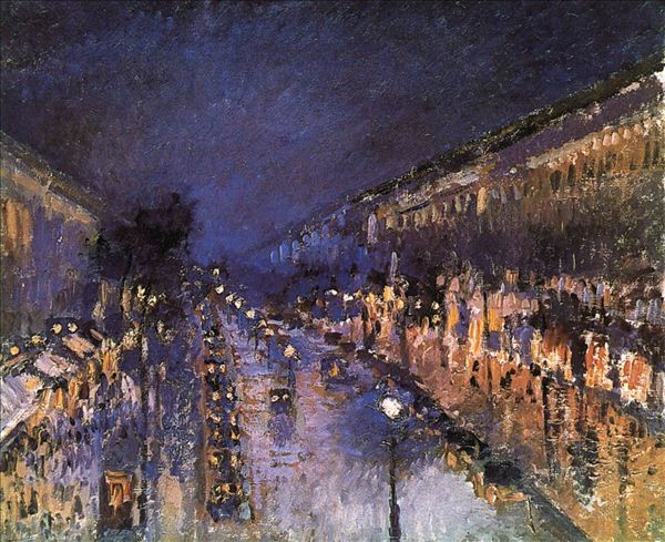 318,油画,油画风景,毕沙罗,《夜晚的蒙马特大街》