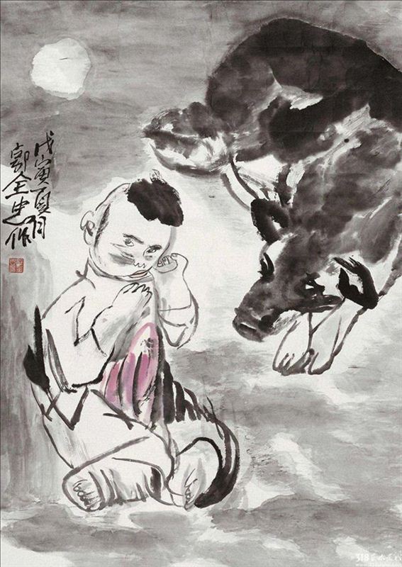 318,318艺术,国画,郭全忠,《放牛的孩子》