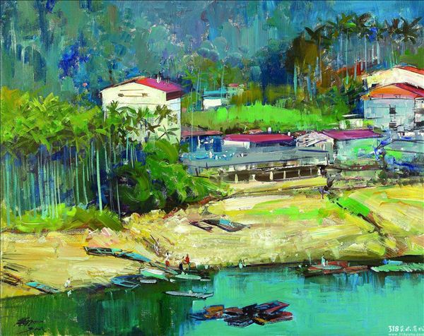 318,318艺术,李金明,油画,油画风景,《依山傍水》