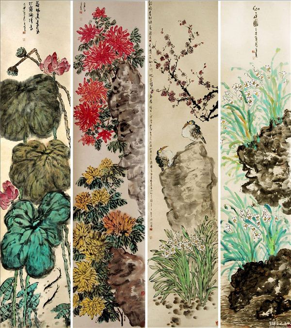 318,318艺术,王立春,国画,国画花鸟,《荷风送香气、满园菊色、梅仙双栖图、仙子图》