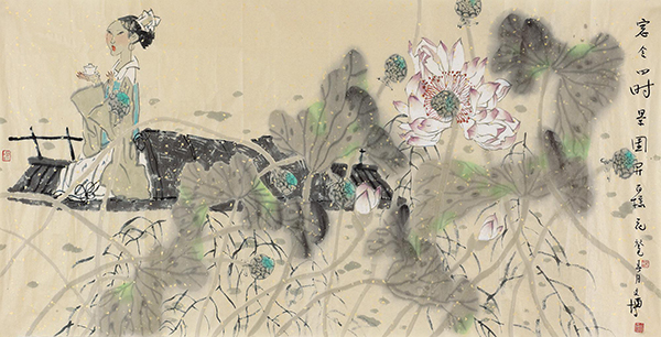 318,318艺术,当代艺术,原创艺术,艺术收藏,国画,梁文博,《荷花人物》