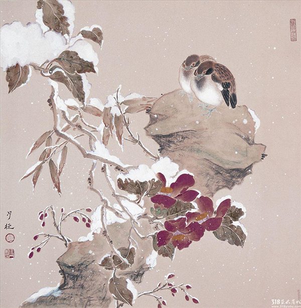 318,318艺术,原创艺术,当代艺术,艺术商城,艺术品市场,国画,王少桓,《山茶双禽图》